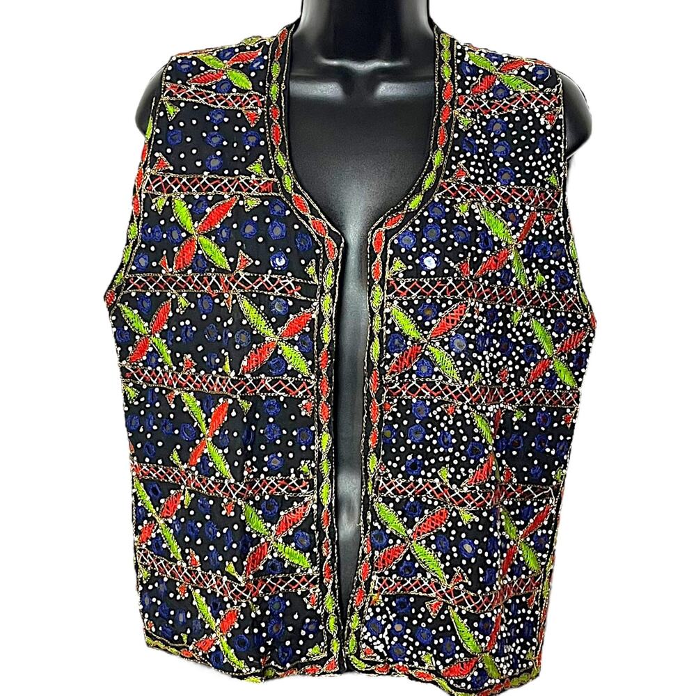 Vtg 90s Passports Pier One Beaded Mirrored Vest Black Boho Festival Hippie M